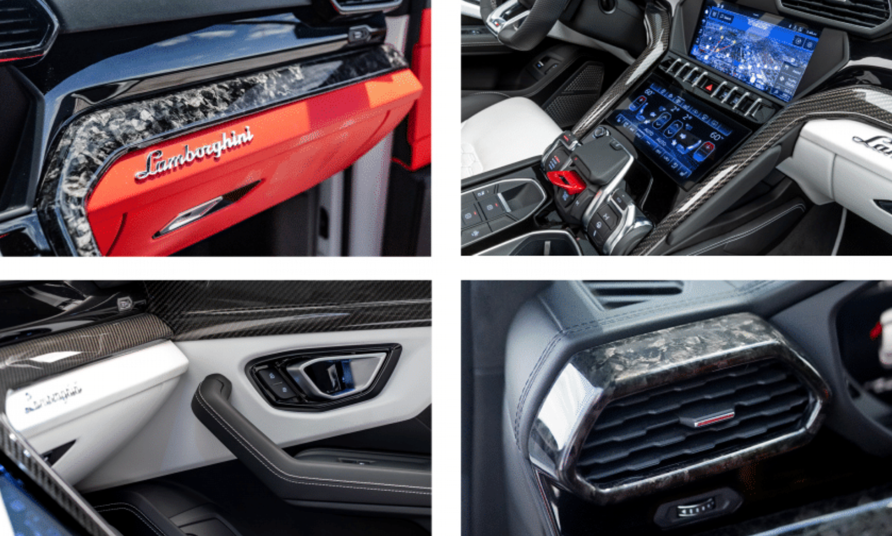 Lamborghini Urus S-Interior 7 Piece Kit, includes: 4 door trims, 2 center console trims, 1 console trim next to steering wheel
